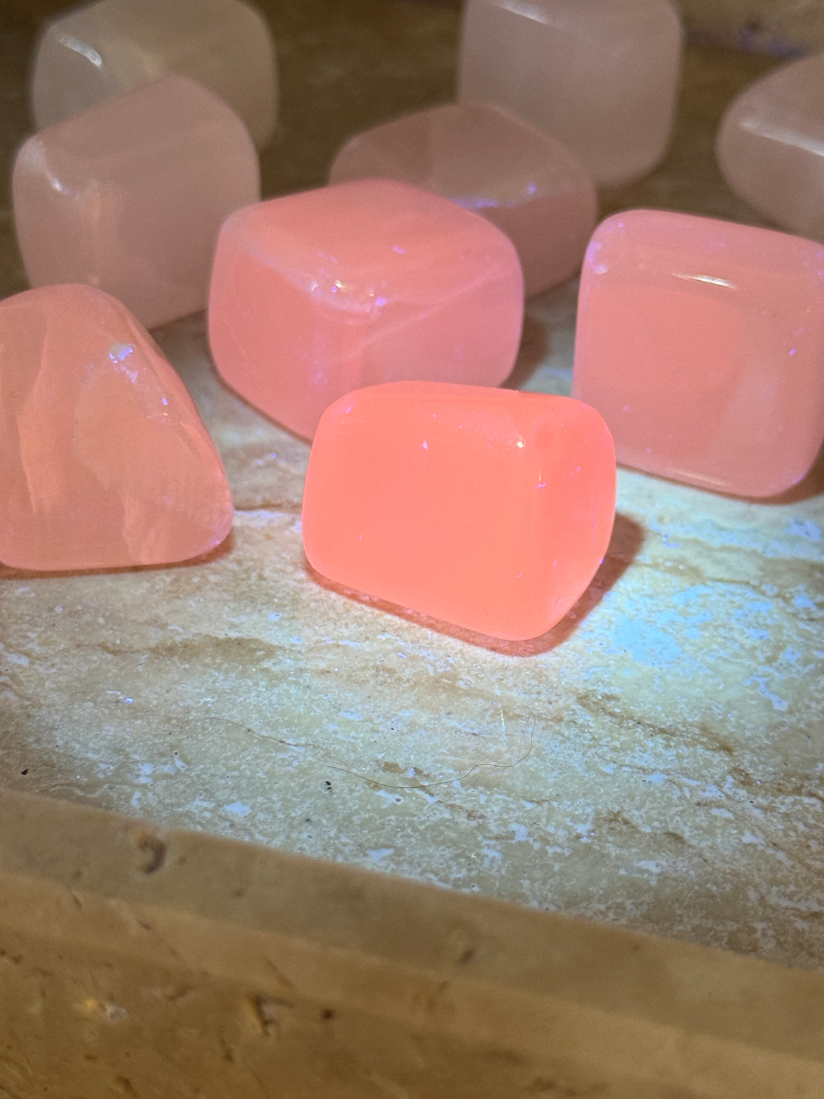 Mangano Calcite Tumbles • Soft Pink by Day • Brilliant Pink Under UV
